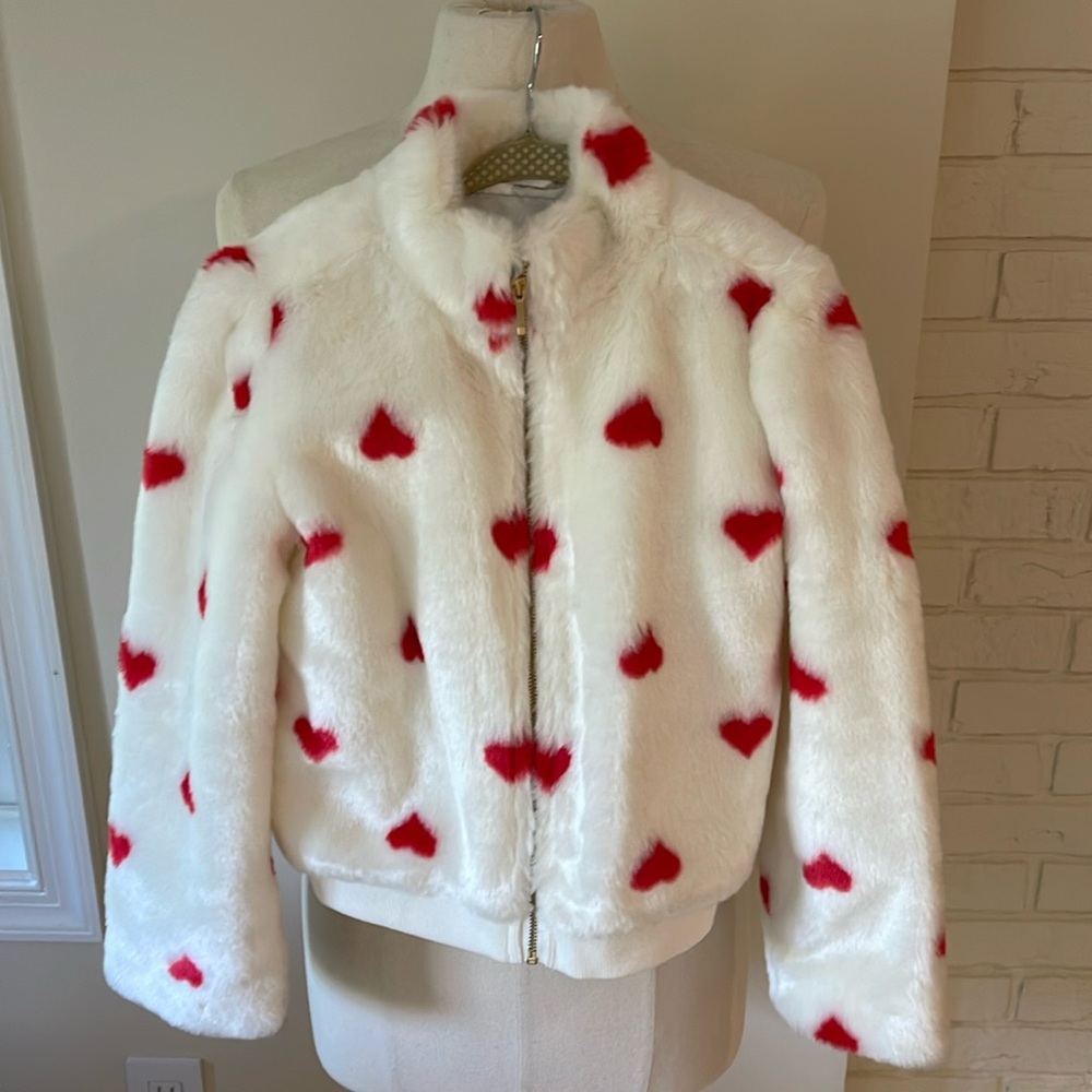 Janie & Jack girls faux fur heart print jacket size 7 to 8